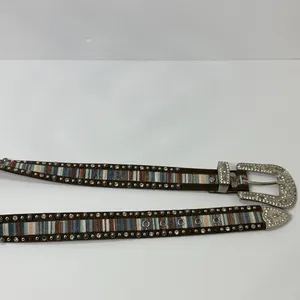 Studded Multicolor Leather Belt with Silver Buckle Brown thumbnail 6