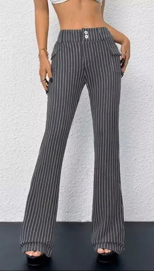 🍙 NWOT SHEIN ICON Gray/White Pinstriped Fit & Flare Pants thumbnail 1