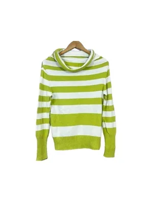 American Eagle Women’s Boxy Cowl-Neck Cozy Sweater Sz M Green Stripe Y2K thumbnail 2