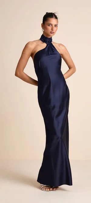 NWT Lulus Madalena Navy Satin Cowl Back Maxi Dress Holiday Banquet Gala Party S thumbnail 1