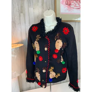 Jack B. Quick Cardigan Sweater Womens Petite Small Black Reindeer Christmas thumbnail 2