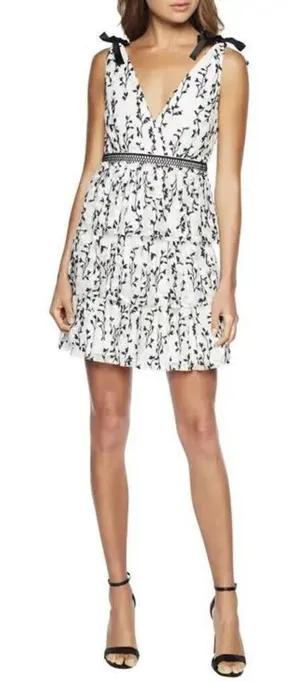 Bardot Embroidered Tiered Mini Dress in Black White Size 6 thumbnail 1