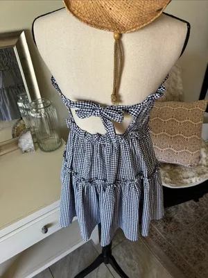 Altar’d state navy white gingham ruffle strapless western rush mini dress M thumbnail 6