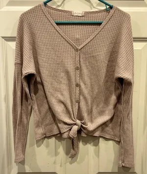 Altar'd State Womens Medium Mauve Waffle Knit Button Front Tie‎ Hem Top Boho thumbnail 1