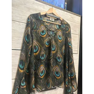 Show Me Your Mumu Peacock Feather Lace Up Bell Sleeve Blouse Medium thumbnail 5