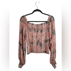 Anthropologie Smocked Crop Top Long Sleeve Sheer Sleeve Blouse Pink Print Size S thumbnail 4