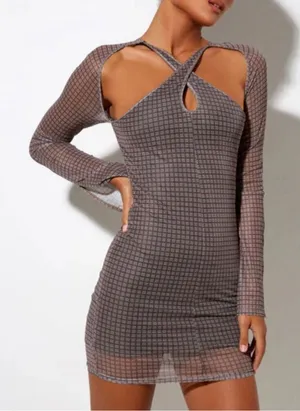 Motel Rocks 🔥5/$25 sale🔥 Brown and Neutral Plaid Pattern with Cutouts and Sheer Sleeve thumbnail 1
