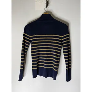 RALPH‎ LAUREN Navy Blue Gold Metallic Stripe Cotton Blend Logo Ribbed Sweater S thumbnail 2