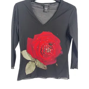 Express Y2K 90s Black Dark Floral Red Rose Mesh Sheer Top 3/4 Sleeve Whimsigoth thumbnail 2
