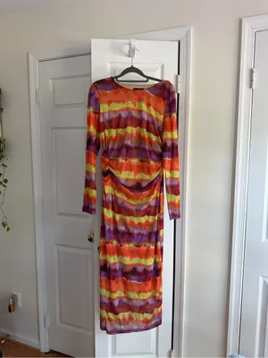 Nicole Miller Mesh Ruched Tie Dye Maxi Dress Multicolor Size 10 thumbnail 5