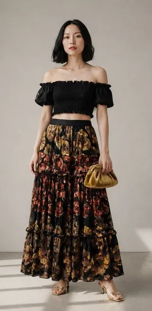 Soft Surroundings Fiametta Floral Tiered Maxi Skirt Black Gold Red Small Petite thumbnail 1