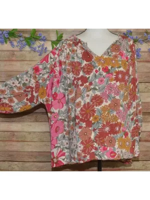 Entro Floral Blouse Womens Large 100% Rayon Boho Peasant V Neck Retro Mums thumbnail 6