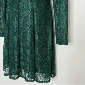 Vintage Green Lace Skater Dress Keyhole‎ Long-Sleeve Tie-Back Bow Christmas thumbnail 9