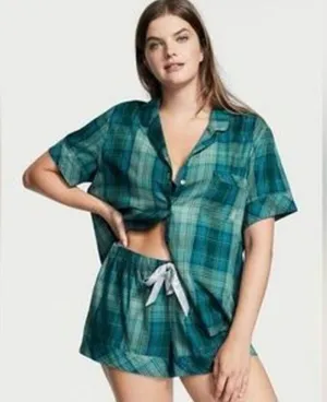 ✨VICTORIA'S SECRET Flannel Short Pajama Sz Small Shorts Sea Salt Green Plaid✨ thumbnail 1