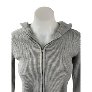 Brandy Melville Women's Gray Ribbed Knit Full Zip Crop Hoodie Sweatshirt Top S thumbnail 2