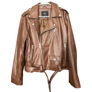 7 For All Mankind Women's Faux Leather Moto Jacket Brown L‎ Biker Chic Punk Rock thumbnail 1