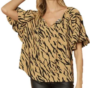 Entro Women’s Camel & Black Tiger Print Blouse Size Large Flowy Cottagecore EUC thumbnail 1