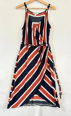 Market & Spruce Striped Faux Wrap Midi Dress Navy Blue Orange‎ Red Womens Medium thumbnail 1