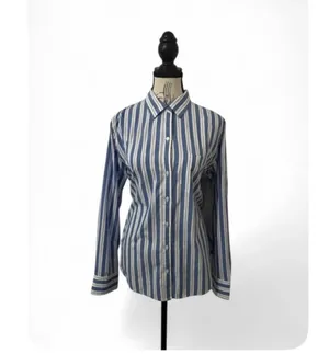 Old Navy Womens Large L Blue White Vertical Striped Button Down Shirt Long NWT thumbnail 3