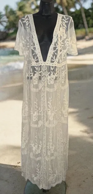 Off white floral lace short sleeve maxi swim coverup thumbnail 1