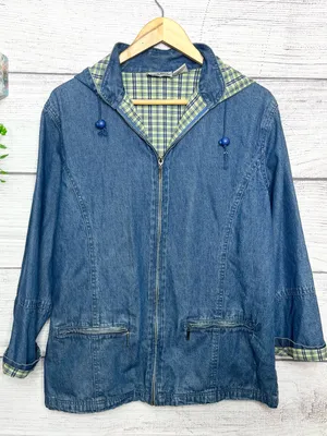 NorthStyle Plaid Lined Zip Front Denim Jacket with Detachable Hood Size Small thumbnail 1