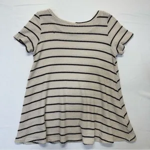 Women’s Waffle Knit Striped Tunic Top Medium Beige Black Short Sleeve Casual thumbnail 3