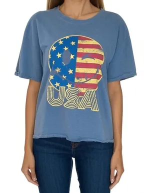 Free Market T-Shirt‎ Womens Size Small Blue Grey Distressed USA Flag Smiley thumbnail 1