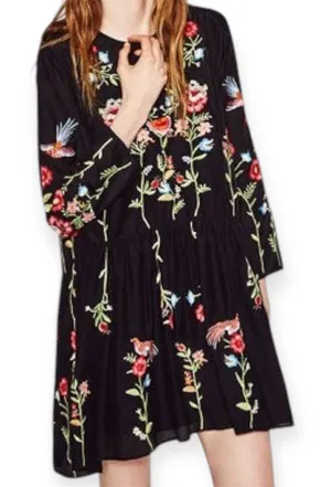 Zara Embroidered‎ Bird & Floral Black Shift Dress Cottagecore Bohemian Sz Small thumbnail 1