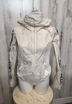 90 Degree by Reflex Hooded Windbreaker Jacket Womens L White Love Stripe Zip thumbnail 1