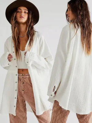 Free People Summer Daydream Buttondown Top in Ivory Size Small Gauze Oversized thumbnail 2