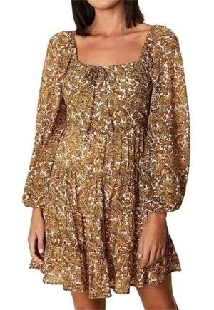 Faithfull The Brand Dress Women 4 Gold Indira Balloon Sleeve Paisley Mini‎ Boho thumbnail 1