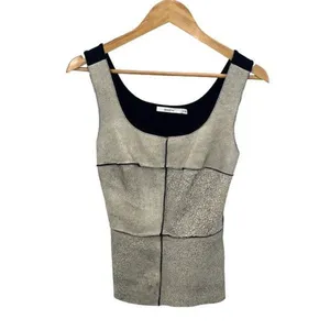 Bailey 44 Giallo Top Womens Mixed Media Cracked Leather Tank Top Black Off White thumbnail 3
