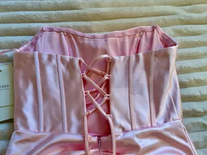 NWT Stacee’s Pink Satin Strapless Corset Bodycon Mini Dress thumbnail 6