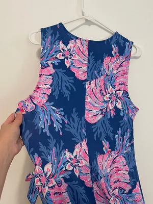 LILLY PULITZER Bryson Sleeveless Dress Multi for the Fans Blue Pink Faux Wrap L thumbnail 15