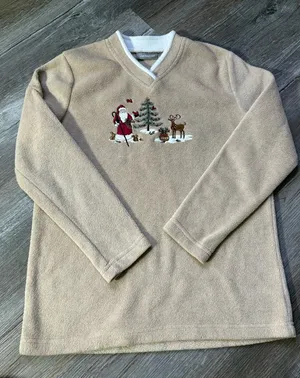 Croft & Barrow VTG Christmas Sweater Santa Sleigh Reindeer Bunny Fuzzy Sherpa Brown Tan Comfy S thumbnail 1