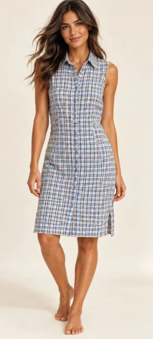 Cherokee Plaid Sleeveless Button Front Shirt Dress Preppy Coastal L thumbnail 1