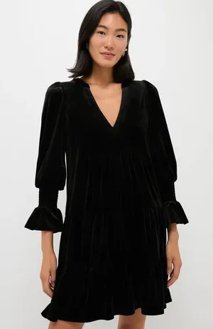 Pomander Place Black Velvet ‘Kenzo’ V Neck Tiered Long Sleeve Dress, Size XL thumbnail 1