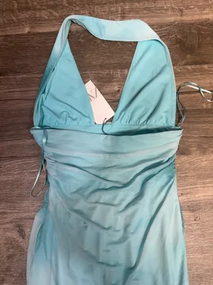 NWT Zara Aqua Watercolor Halter Midi Dress Size L thumbnail 5