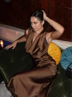 Zara maxi halter scarf satin plunge neck Brown Evening Wedding thumbnail 1