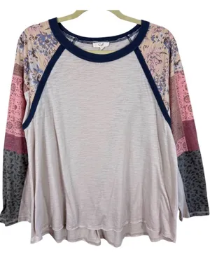 Easel Womens Mixed Print Raglan Top‎ Long Sleeve Floral Leopard Slub Knit Medium thumbnail 1