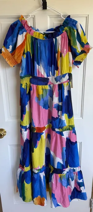 True Destinations Off Shoulder Abstract Print Maxi Dress‎ Medium NWT thumbnail 1