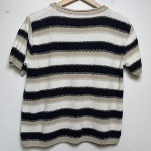 VTG‎ 90s Women Cotton Open Knit Sweater Large Preppy Tan Striped Black Coastal thumbnail 6