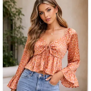 Altar'd State Orange Polka Dot Satin Peplum Top Long Bell Sleeve Smocked‎ Medium thumbnail 2