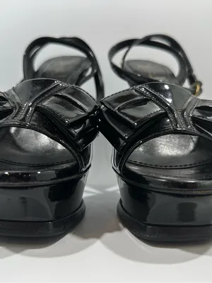 Yves Saint Laurent YSL Tribute Y Bow Black Patent Leather Platform Sandals 38.5 thumbnail 9
