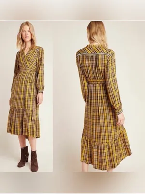 Anthropologie Yellow Plaid Dalton Wrap Midi Dress thumbnail 2