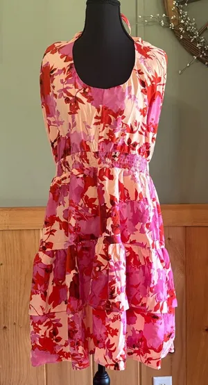 PrettyGarden Halter Floral Pink & Red Sleeveless Tiered Sundress size L NWT thumbnail 1