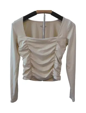 Hollister Ruched Front Long Sleeve‎ Top Medium Cream Square Neck Minimalist thumbnail 1