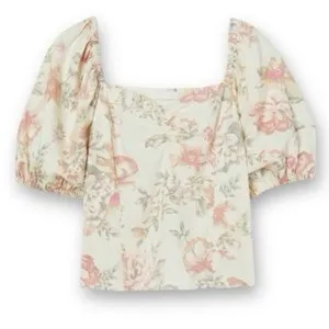 H&M vintage floral linen-blend puff sleeve top thumbnail 3