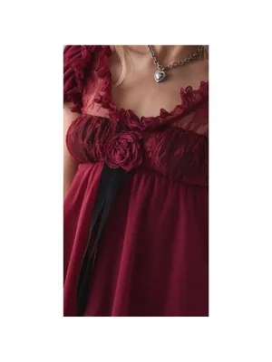 For Love & Lemons Claudine Babydoll Mini Dress Large Burgundy Romantic Flower S thumbnail 3
