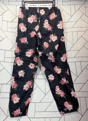Victoria's‎ Secret Pajama Pants Large Black Pink Rose Floral Logo Waistband thumbnail 1